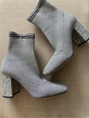 Miu Miu Silver Metallic Lurex Fabric Sock Glitter Block Heel Ankle Boots Size 5